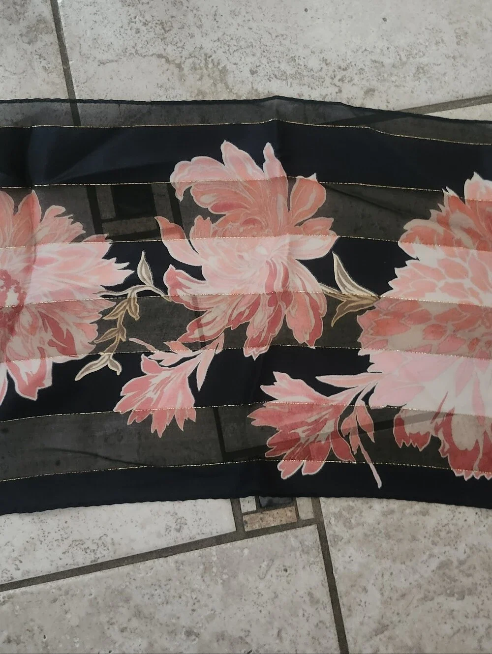 Vtg Sheer Black Floral Silk Scarf with Pink Bloom Print